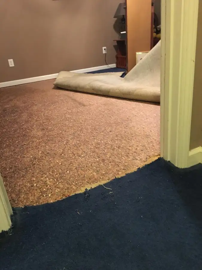 Carpet pad removal revealing water damage during Drying & Dehumidification in Sans Souci